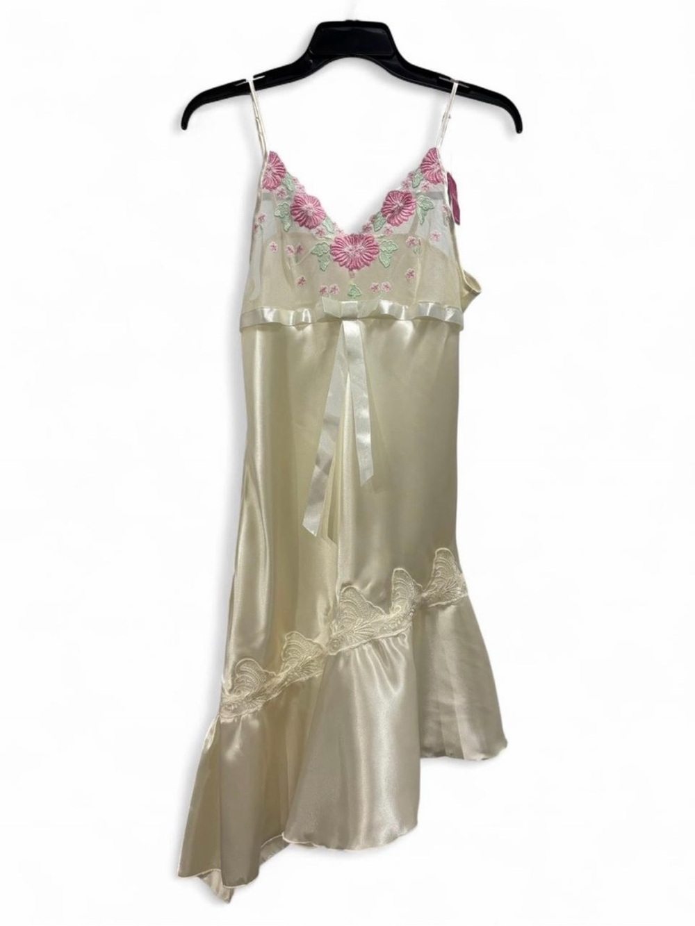 Cream Slip Dress with Pink Floral Embroidery